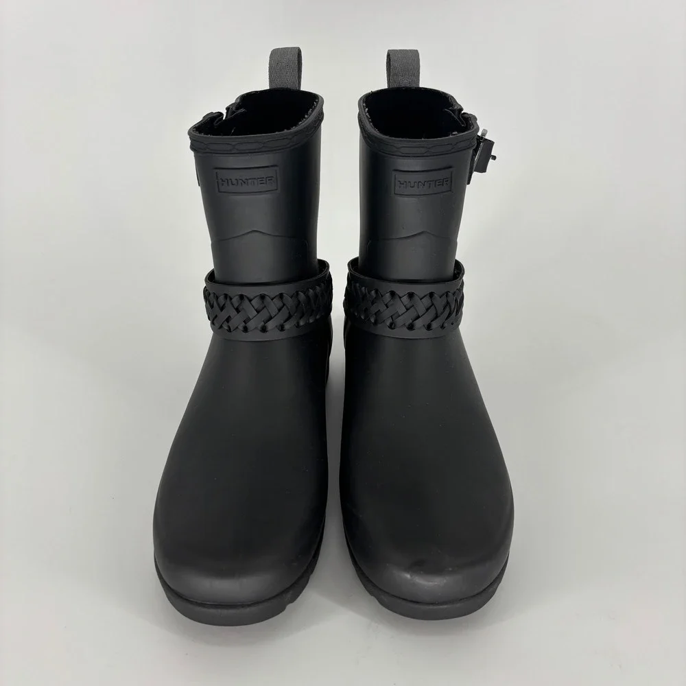 Hunter Refined Biker Rain Boots Woven Strap Black Women Size 9 Rubber Lug Sole